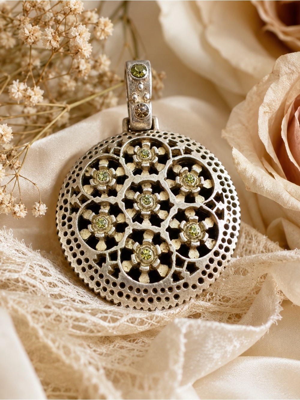 Vintage Filigree Floral Round Pendant Antique Gold Tone Green Rhinestones Boho